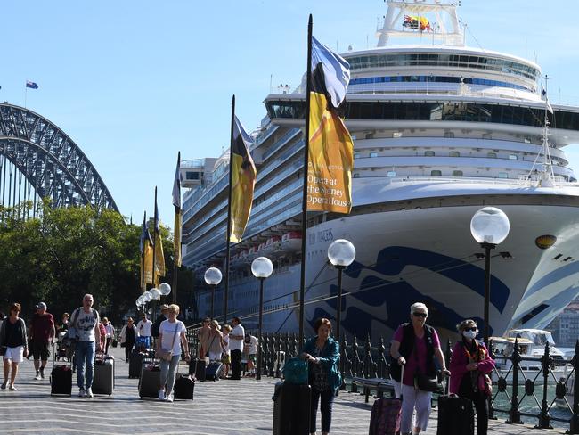 Cruise ship passengers disembark from the Ruby Princess at Circular Quay on March 19. Picture: AAP/Dean Lewins