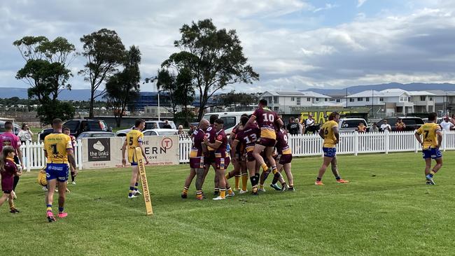 The Shellharbour Sharks celebrate a try from Joshua Starling. Photo: Kevin Merrigan