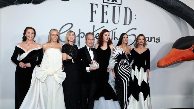 The cast of Feud from left to right: Diane Lane, Chloe Sevigny, Naomi Watts, Tom Hollander, Molly Ringwald, Demi Moore and Calista Flockhart attended the Feud: Capote VS. The Swans New York premiere on January 23. Picture: Dimitrios Kambouris/Getty Images