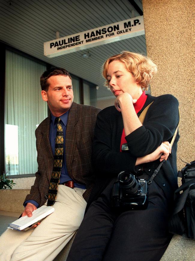 Simon Kelly (journalist) and Kim McEwan-Watson (photographer) from the Queensland Times newspaper outside the One Nation office at Ipswich after Pauline Hanson insisted they were removed during a press conference. Picture: Mark Cranitch