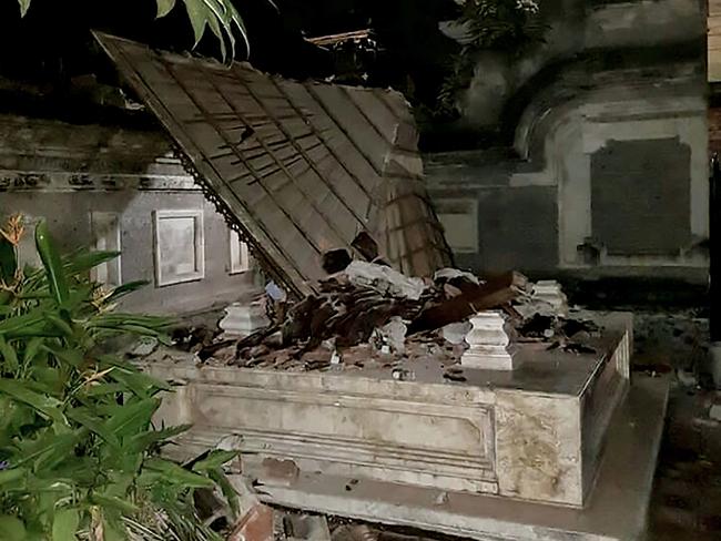 A Balinese temple is seen partially collapsed in Badung. Picture: AFP