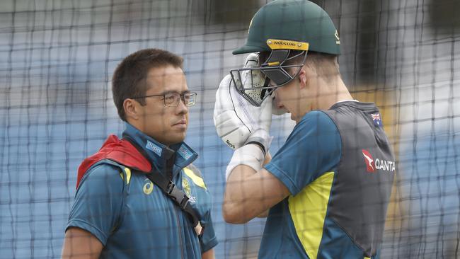 Marnus Labuschagne is assessed after being struck by a Mitchell Starc delivery in the nets.