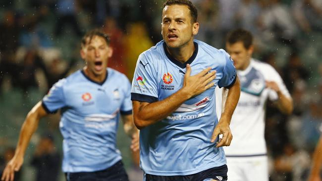 Sydney FC’s Bobo celebrates scoring in the club’s most recent of three wins over Victory this season.