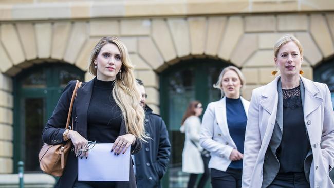 Alysha (surname withheld), with Labor leader Rebecca White, holds a press conference on Parliament lawns after having long running difficulties with sexual assessment claims while working at Ashley Youth Detention Centre. Picture: Richard Jupe