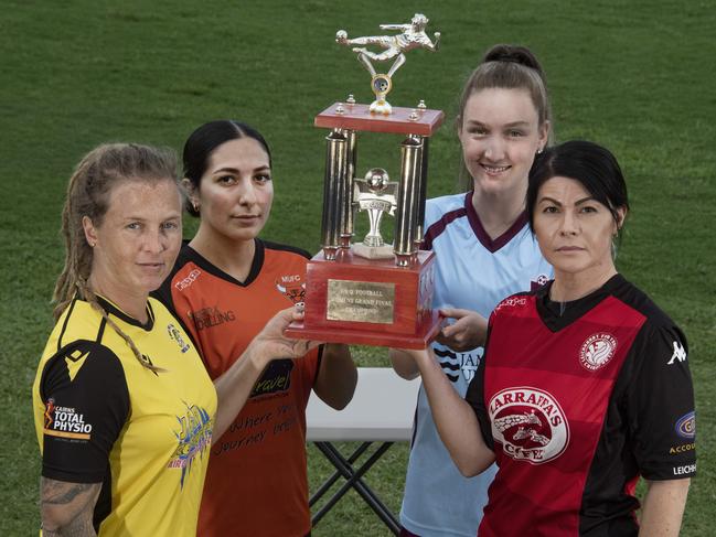 The captains of the four remaining FNQ Women’s Premier League clubs (from left) Siobhan Macken (Edge Hill United), Nicole Ghensi (Mareeba Utd), Astia Neckebroeck (JCU Strikers) and Helen Cross (Leichhardt). Picture: Brian Cassey