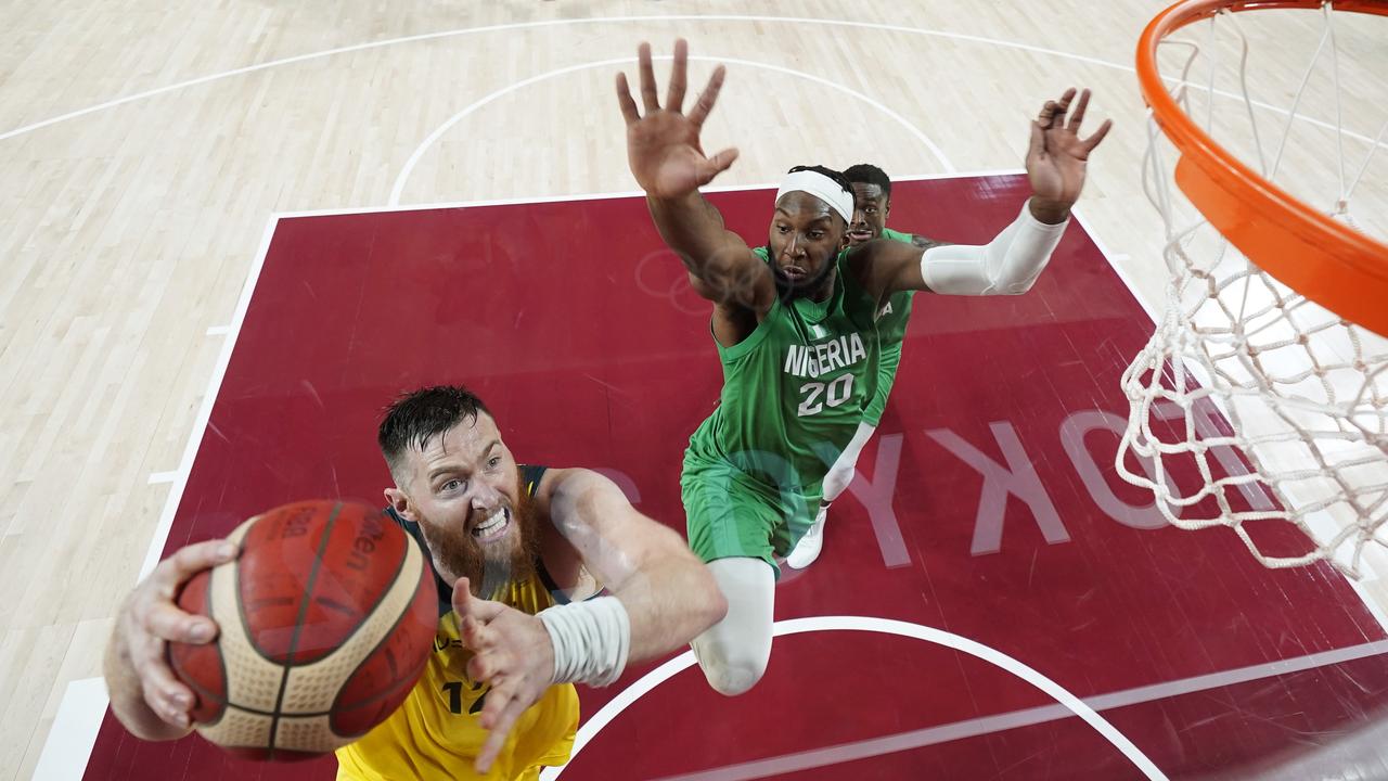 Aron Baynes was sidelined due to a freak accident during the group stages. Picture:Eric Gay - Pool/Getty Images