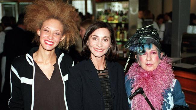 Italian Vogue Magazine fashion editor Anna Piaggi (right) with designer Jodie Boffa and model Kristel in 1997.