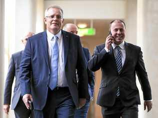 Prime Minister Scott Morrison and Deputy leader of the Liberal party Josh Frydenberg. Picture: LUKAS COCH