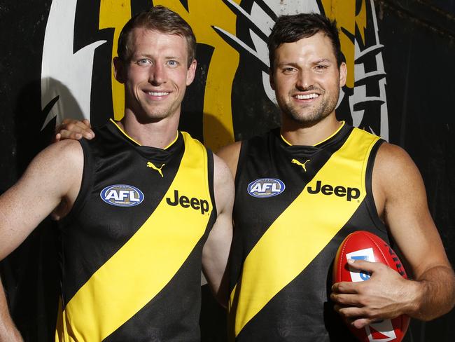 WARNING HOLD FOR WED. FEB 7TH. Richmond Tigers players Dylan Grimes and Toby Nankervis who have re-signed with Richmond.  Picture: David Caird