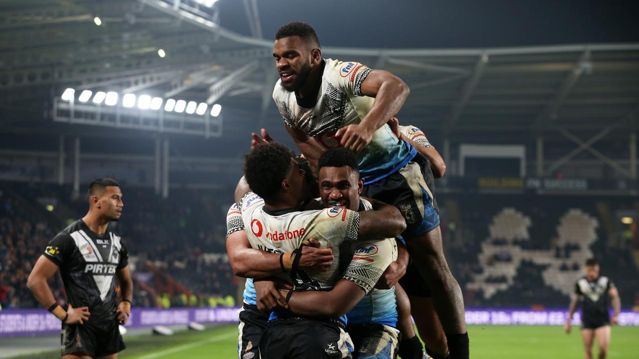 Fiji celebrate after Kevin Naiqama scored their third try. Picture: Getty