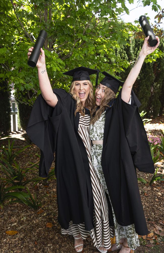 Bachelor of Nursing graduates Kimberlee Wilson and Jess Baartz at a UniSQ graduation ceremony at The Empire, Tuesday, October 29, 2024. Picture: Kevin Farmer