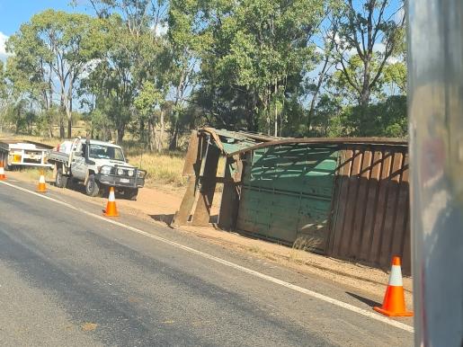 Emergency services responded to an incident on the Warrego Highway near Wallumbilla, after a double deck stock crate came off it's trailer, which saw cattle wreak havoc on the road.
