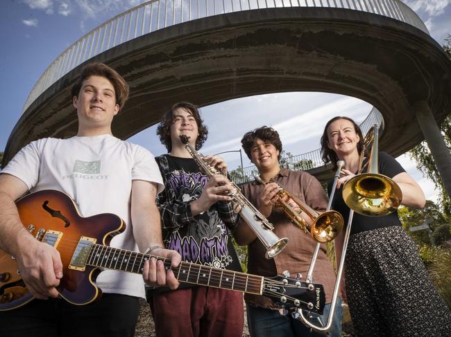 Jazz scholars Otto Knuepfer, Leif Sweeney and Jamie Zieserl with internationally renowned jazz ambassador Shannon Barnett ahead of the 2024 Clarence Jazz Festival. Picture: Chris Kidd