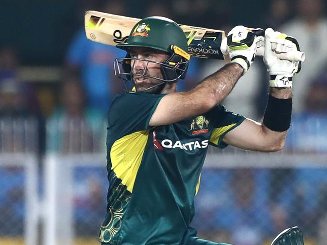 GUWAHATI, INDIA - NOVEMBER 28: Glenn Maxwell of Australia plays a shot during game three of the T20 International Series between India and Australia at Barsapara Cricket Ground on November 28, 2023 in Guwahati, India. (Photo by Pankaj Nangia/Getty Images)