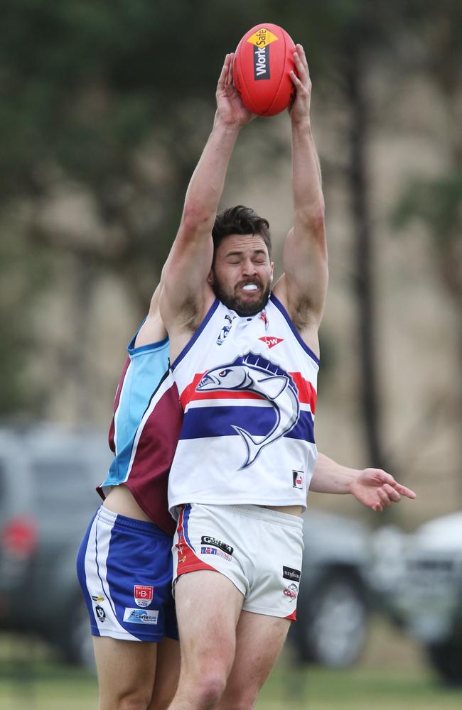 Football BFL: Modewarre v Queenscliff. Queenscliff 9 Che Durran marks while Modewarre 34 Morgan Fenton tries to spoil Picture: Mark Wilson