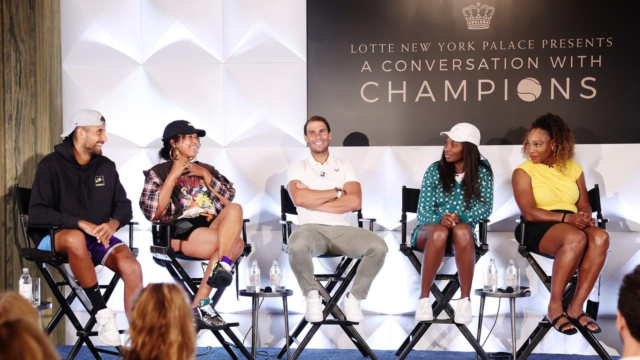 Nick Kyrgios in conversation with fellow stars Naomi Osaka, Rafael Nadal and Venus and Serena Williams in the leadup to this year’s US Open in New York. Picture: Getty Images