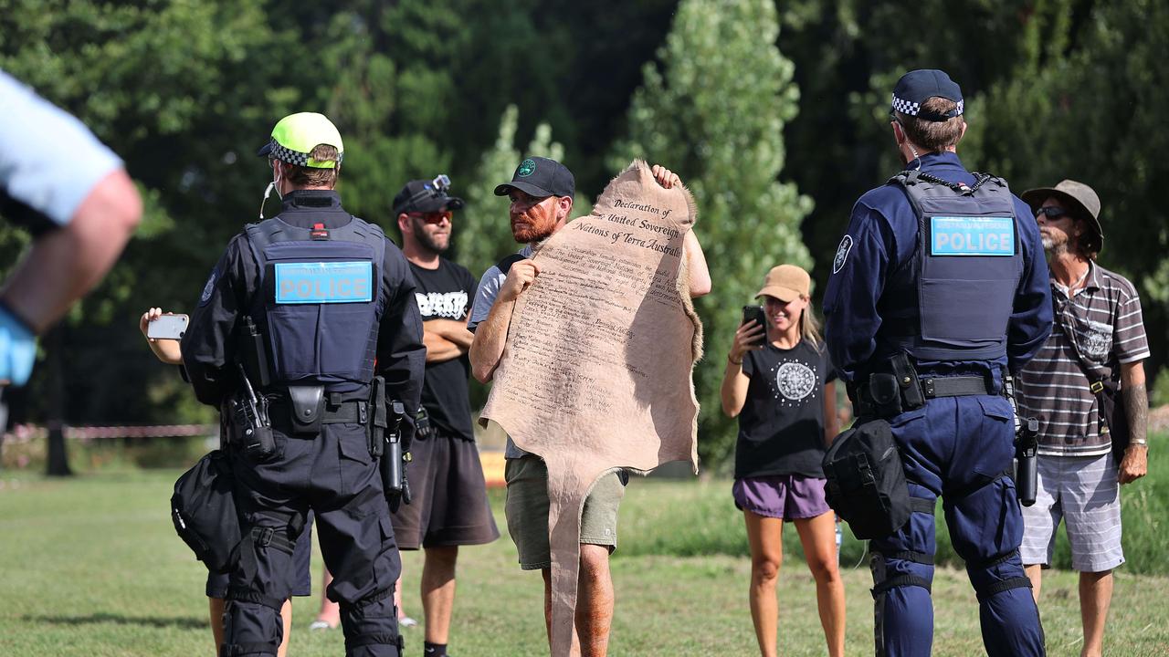 Police initially clashed with protesters when they gave them the ultimatum to leave. Picture: NCA NewsWire / Gary Ramage