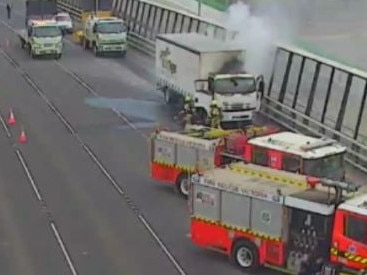 Four inbound lanes are closed on the West Gate Bridge after a truck fire on Tuesday afternoon. Picture: Supplied/VicTraffic