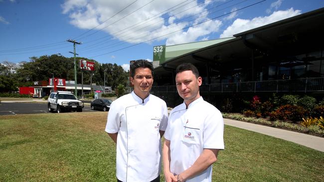 WholeLife Pharmacy and Healthfoods pharmacist Jason Christopher and Barr St Markets owner Vince Pappalardo outside the Markets where antisocial behavior from chroming is happening daily. They are demanding action on kids chroming in the area. PICTURE: STEWART MCLEAN