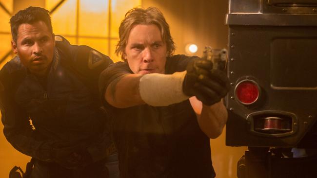 Michael Pena looks worried what Dax Shepard is about to do in the near-debacle CHIPS.