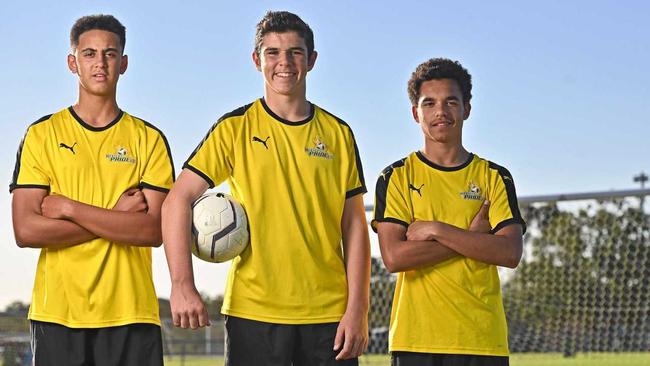 KICKING ON: Western Pride juniors Jermaine Chiuta, Josh Boyle and Darryl Barton are about to trial for A-League club Central Coast Mariners. Picture: Cordell Richardson