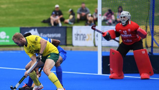 Jacob Anderson of the Kookaburras competes in front of goal during game 2 of the International Hockey Test Series between Australia and India at MATE Stadium on November 27, 2022 in Adelaide, Australia. (Photo by Mark Brake/Getty Images for Hockey Australia)