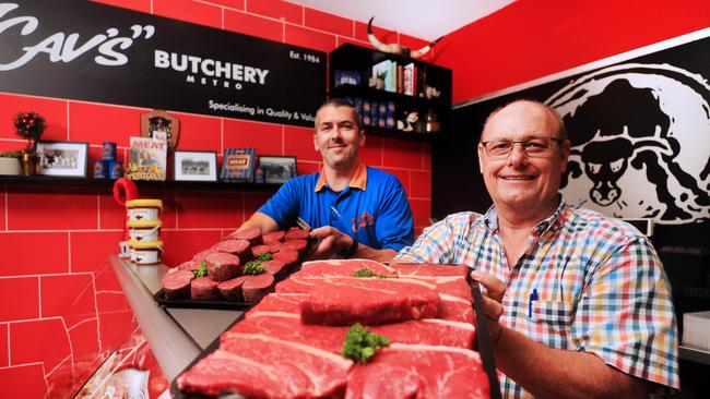 Butcher Richard Cavill and Russell Jones from Cav's butchery in Biggera Waters. Photo: Scott Powick.