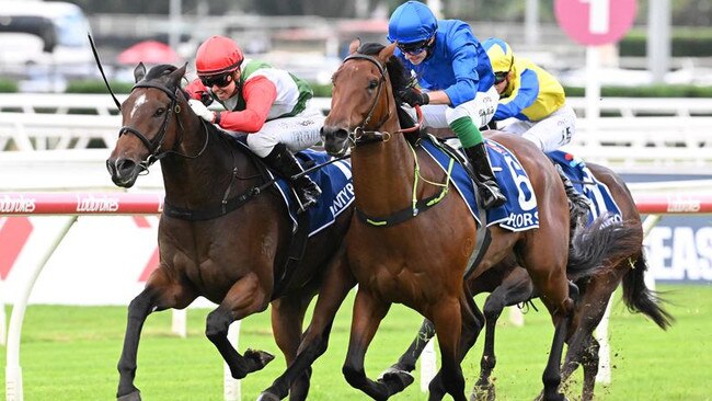 Cejay Graham lands the biggest win of her career on Kintyre in the Group 2 Queensland Guineas at Eagle Farm for trainer Gary Portelli. Picture: Grant Peters - Trackside Photography.