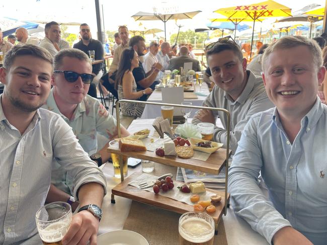 Jackson Mace, Aidon Moore, Matt Bench and Josh Bradley picking a few winners at Adamstown Bowling Club. Picture: Dan Proudman