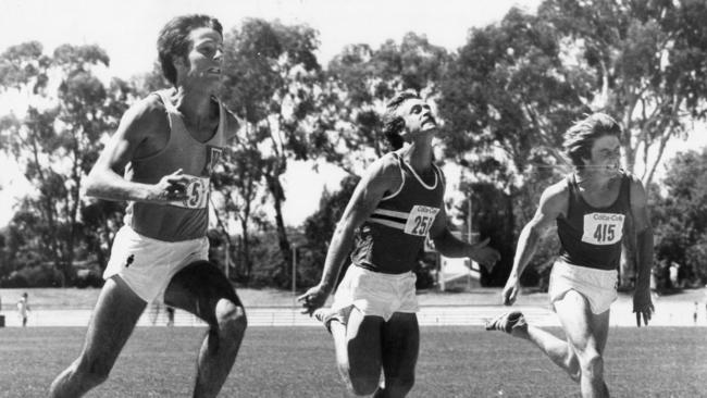 Athletics - Bruce Frayne, left, wins his second successive State sprint 100m title from Ivan Coles and Jamie Kelly at Olympic Sports Field, Adelaide on February 19, 1978,. with a time of 10.5 seconds.