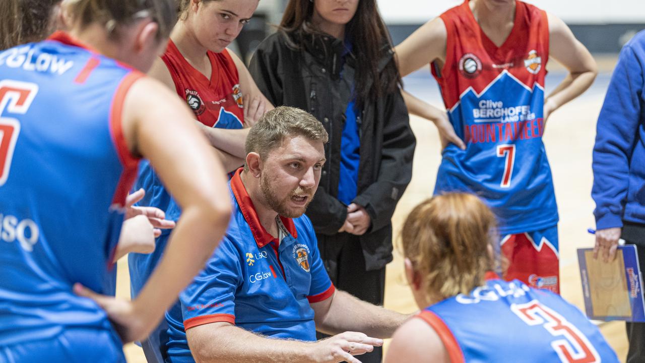 Toowoomba Mountaineers coach Matt Cox during a time-out. Picture: Kevin Farmer