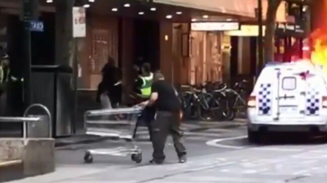 Michael Rogers was dubbed the ‘trolley man’ on social media after footage emerged of him ramming terrorist Hassan Khalif Shire Ali with a shopping trolley. Picture: Twitter