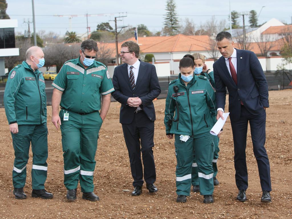 Premier Peter Malinauskas and SA Health Minister Chris Picton along with SA Paramedics hold a press conference at the proposed location of a new ambulance station on the intersection of Magill Road and Portrush Road, SA. NCA NewsWire / Picture Emma Brasier