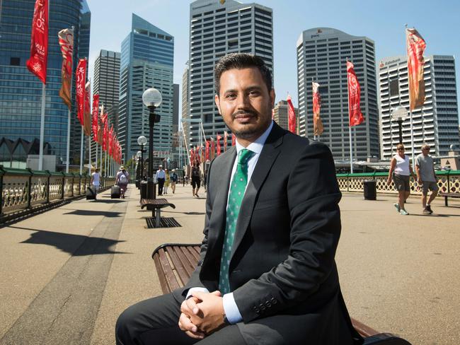 30/01/17. Sydney, Australia. Photograph by Julian Andrews. Portraits of Mahir Momand, the CEO of a new microfinance company 'Thrive', pictured on Pyrmont Bridge in Sydney. Mahir is an Afghan refugee who has been in Australia for 5 years and is setting up 'Thrive' as a microfinance business for refugees.