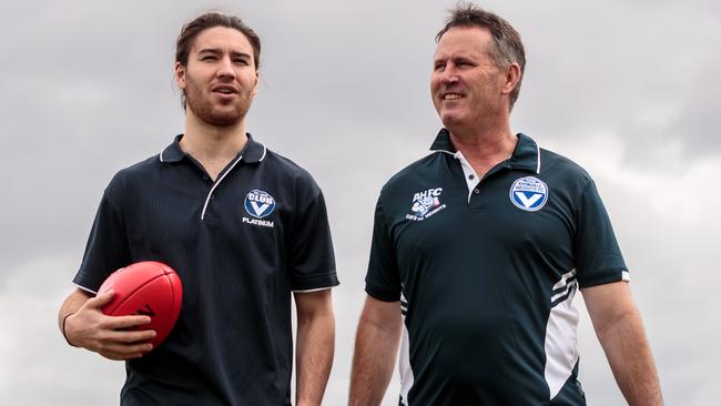 Avondale Heights’ 2019 best-and-fairest winner Dinny Cleary and coach Paddy Byrne. Picture: Mark Dadswell