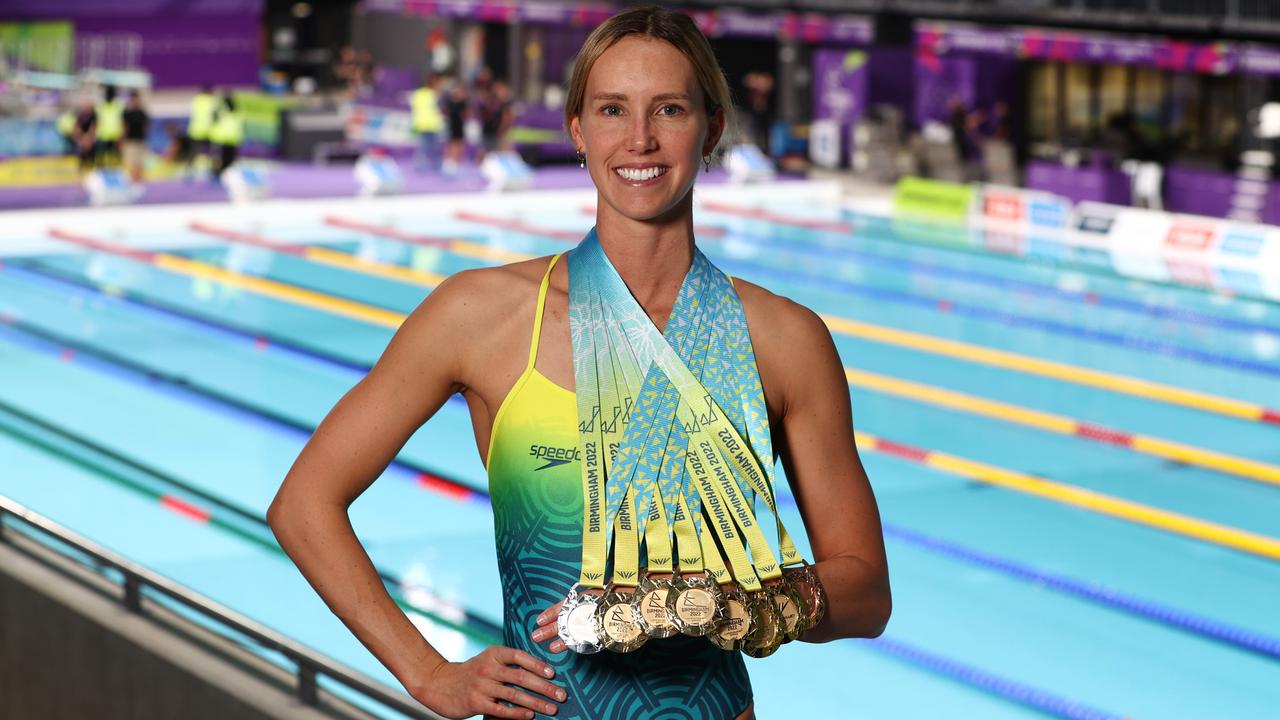 Emma McKeon with her 8 medals from the Commonwealth Games. Picture: Michael Klein