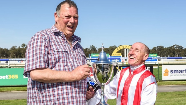 Michael Moroney with William Pike after winning the Bendigo Cup with Top Of The Range in 2019. Picture: Brett Holburt/Racing Photos via Getty Images