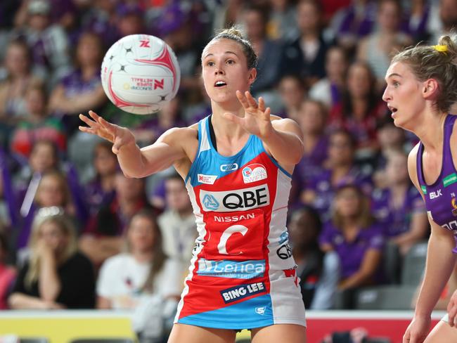 BRISBANE, AUSTRALIA - JUNE 09: Paige Hadley of the Swifts passes during the round 7 Super Netball match between the Firebirds and the Swifts at Brisbane Arena on June 09, 2019 in Brisbane, Australia. (Photo by Chris Hyde/Getty Images)