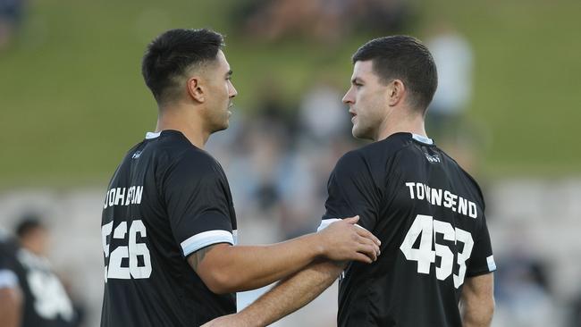 SYDNEY, AUSTRALIA - APRIL 24: Shaun Johnson of the Sharks and Chad Townsend of the Sharks prior to the round seven NRL match between the Cronulla Sharks and the Canterbury Bulldogs at Netstrata Jubilee Stadium, on April 24, 2021 in Sydney, Australia. (Photo by Jason McCawley/Getty Images)