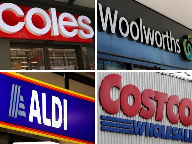 Coles, Woolworths, Aldi, Costco composite. Picture: NCA Newswire