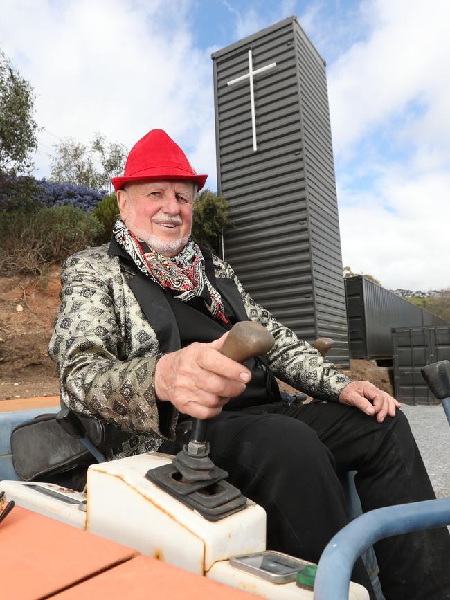 Lance Vater on his Auldana property (with the controversial shipping container monolith in the background). Picture: Tait Schmaal