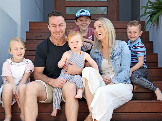 SUNDAY TELEGRAPH - Pictured at home in Glenbrook today is retiring Penrith player James Maloney with his wife Jess and their kids Kade 9, Layla 7, Ethan 5 and Jesse 1. Picture: Tim Hunter.