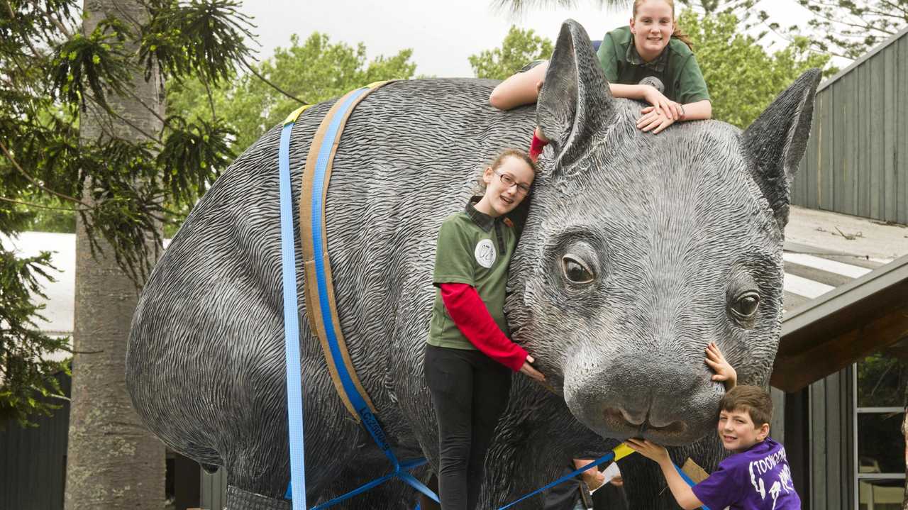 Fairview Heights State School students ( Clockwise from left ) Maya Rummell, Gaby Fogarty and Charlie Radke check out William the Wombat on his stop off at Cobb & Co Museum on the way to Thallon. Thursday, 19th Oct, 2017. Picture: Nev Madsen