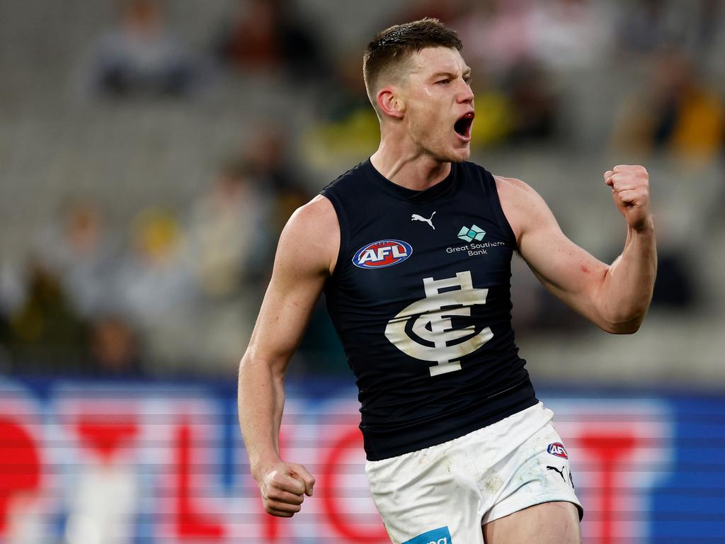 MELBOURNE, AUSTRALIA – JUNE 30: Sam Walsh of the Blues celebrates a goal during the 2024 AFL Round 16 match between the Richmond Tigers and the Carlton Blues at The Melbourne Cricket Ground on June 30, 2024 in Melbourne, Australia. (Photo by Michael Willson/AFL Photos via Getty Images)