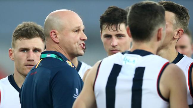 Matthew Nicks addresses the Adelaide players on Sunday. Picture: Getty Images