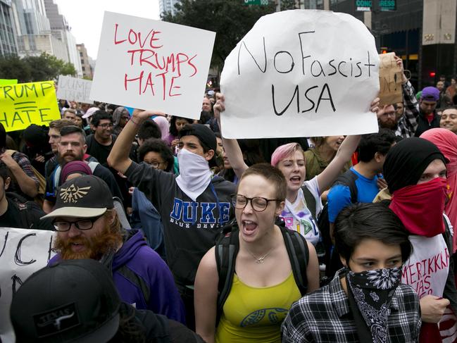 Anti-Trump protesters march along Congress Avenue in Austin, Texas, on November 9, 2016. Picture: AP