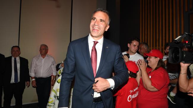 Newly elected Premier Peter Malinauskas arrives at Labor’s victory party at Adelaide Oval. Picture: Tricia Watkinson