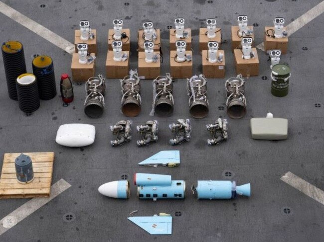 Iranian-made missile components bound for Yemen’s Houthi, according to the US military. Picture: US Central Command/AFP/Getty Images