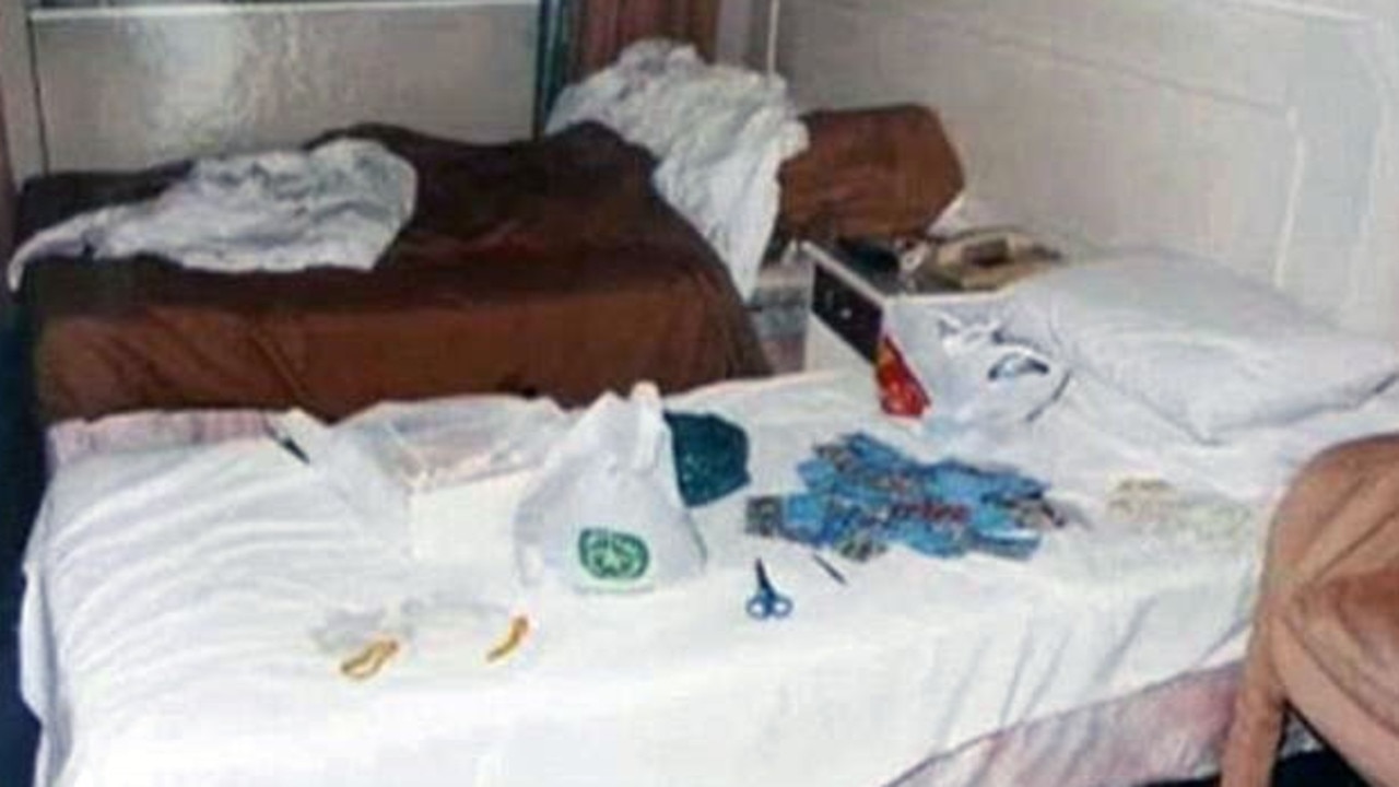 Hong Kong police image of the cash, scissors, condoms and the heroin on the bed of the Imperial Hotel room where CV and Diaz were caught.