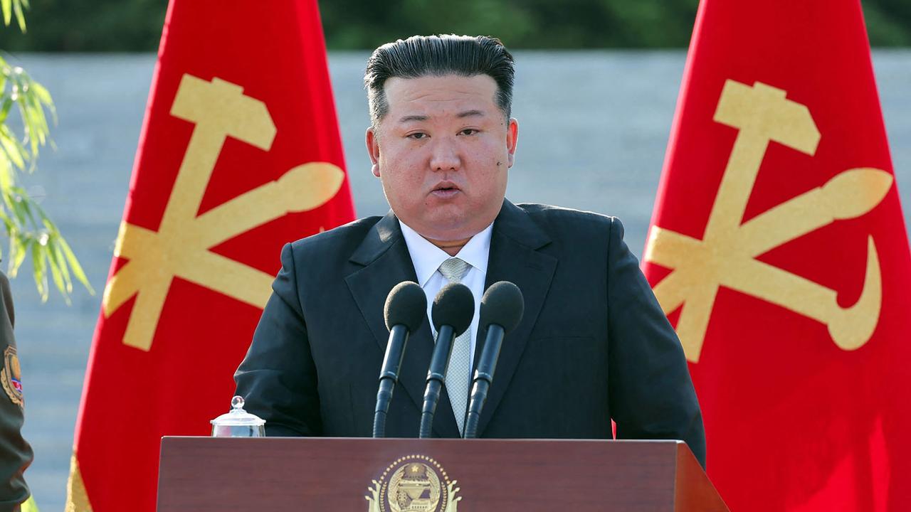 North Korea's leader Kim Jong-un giving a speech during a visit to the Academy of National Defence Science to celebrate its 60th anniversary in Pyongyang this month. (Photo by KCNA VIA KNS / AFP)